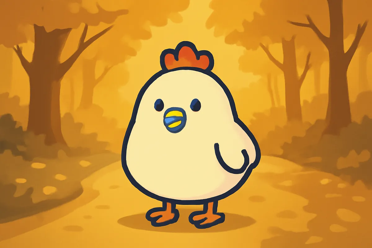 Illustration: Das Chicken-Road-Huhn unterwegs auf einer Landstraße