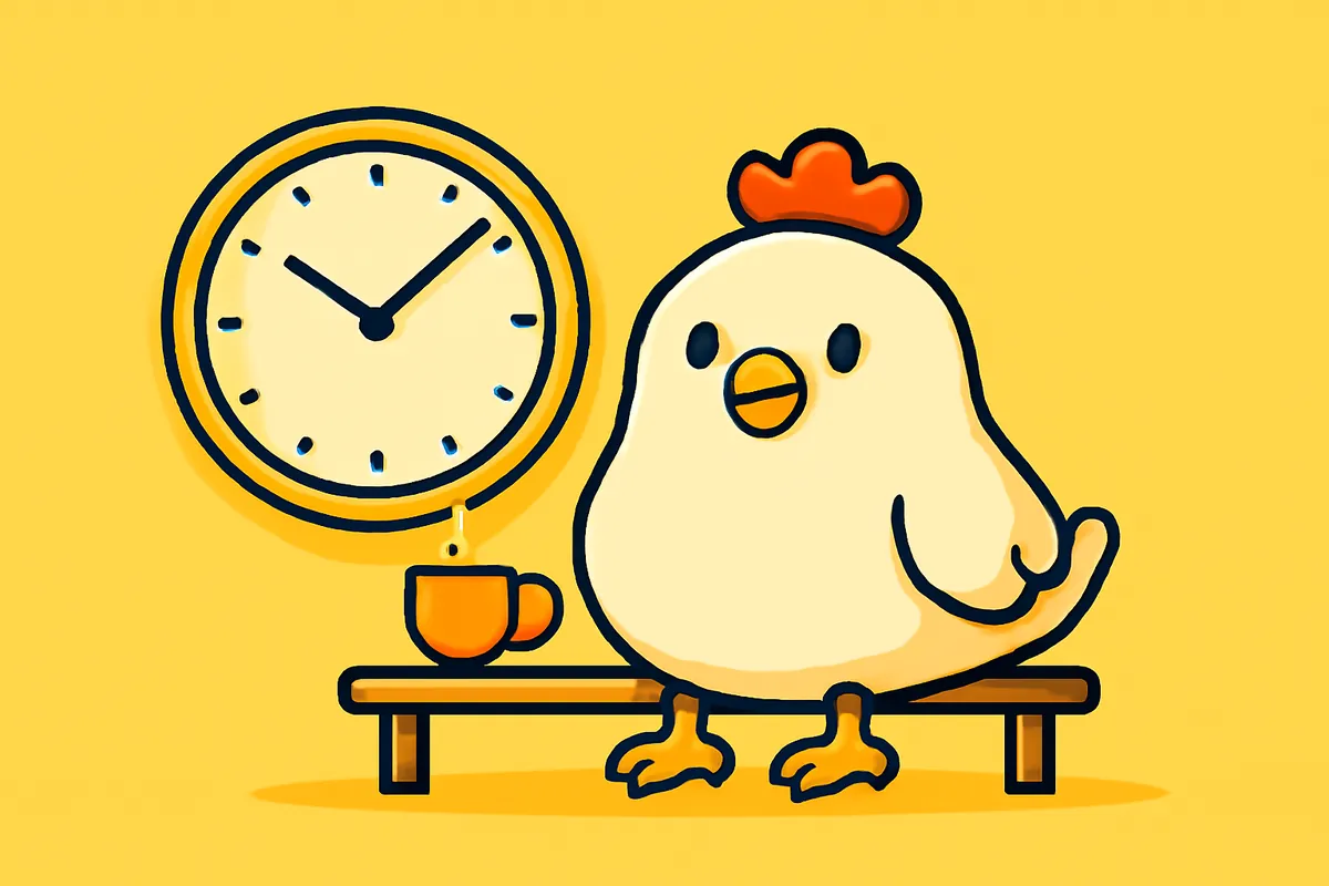 Illustration: Das Huhn macht eine Pause mit Tee neben einer großen Uhr
